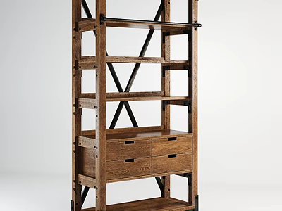 Industrial Style Wooden Shelving Unit With Multiple Storage Shelves Drawers And Metal X Frame Accents 3d model