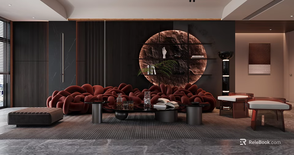 Modern Dining and Living Room Interior With Red Cloud Sofa Round Decorative Wall And Black Coffee Tables 3d model 