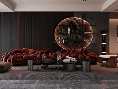 Modern Dining and Living Room Interior With Red Cloud Sofa Round Decorative Wall And Black Coffee Tables 3d model