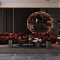 Modern Dining and Living Room Interior With Red Cloud Sofa Round Decorative Wall And Black Coffee Tables