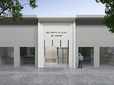 Modern Artistic Clinic Storefront With White Facade Glass Doors And Metal Frame 3d model