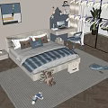 Cozy Kids Room Interior With Bed Pillows Desk Blue Chair Stuffed Toys And Striped Rug