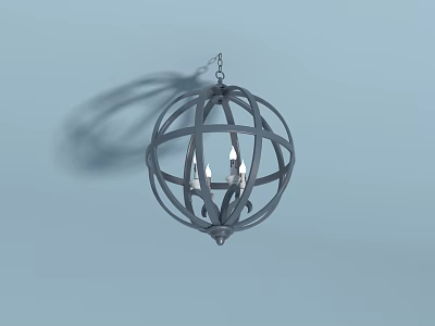 Spherical Metal Frame Chandelier With Candle Shaped Lights And Minimalist Design On Light Blue Wall 3d model
