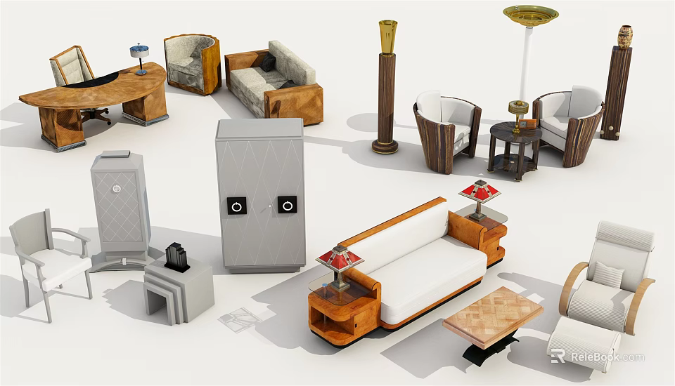 Modern Wooden Sofa And Coffee Table Set With Floor Lamp And Cabinets 3d model 