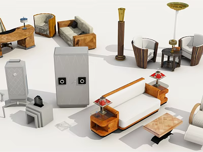 Modern Wooden Sofa And Coffee Table Set With Floor Lamp And Cabinets 3d model