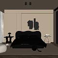 Modern Bedroom Interior With Gray Bed Beige Walls Black Decorative Art And Herringbone Wooden Floor