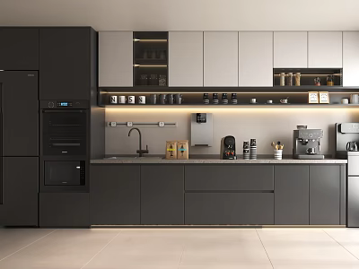 Modern Tea Room Interior Design With Cabinets Coffee Machine Sink And Storage Lighting 3d model