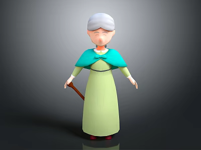 3D Elderly Woman Character With White Hair Green Dress And Turquoise Shawl Holding Cane Standing 3d model