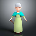 3D Elderly Woman Character With White Hair Green Dress And Turquoise Shawl Holding Cane Standing