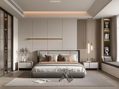 Modern Bedroom Interior with Bed Pillows Nightstands Area Rug Paneled Walls and Ceiling Lighting Design 3d model