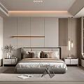 Modern Bedroom Interior with Bed Pillows Nightstands Area Rug Paneled Walls and Ceiling Lighting Design