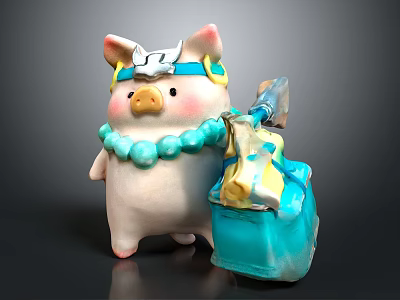Decorative Ornament Set With Pig Figurine Silver Headpiece Blue Bead Necklace And Blue Decorative Box 3d model