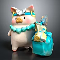 Decorative Ornament Set With Pig Figurine Silver Headpiece Blue Bead Necklace And Blue Decorative Box