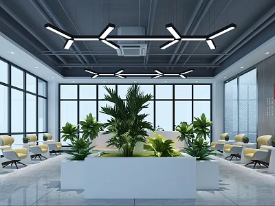 Modern Bright Lounge Area With Large Windows Green Plants And Comfortable Yellow Seats 3d model