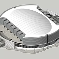 Modern Olympic Rings Stadium Exterior with Main Entrance Steps and People
