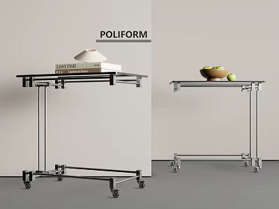 Poliform Side Table with Metal Frame Black Top Wheels and Decorative Items on Top 3d model