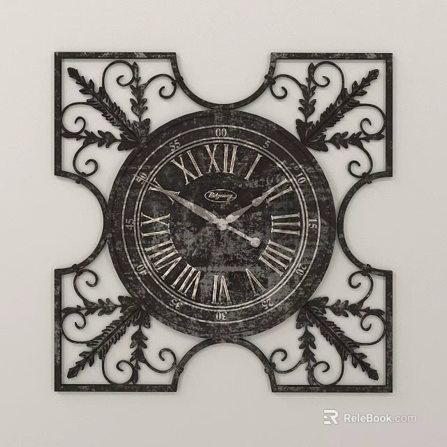 Vintage Square Wall Clock With Decorative Iron Frame And Roman Numerals 3d model 