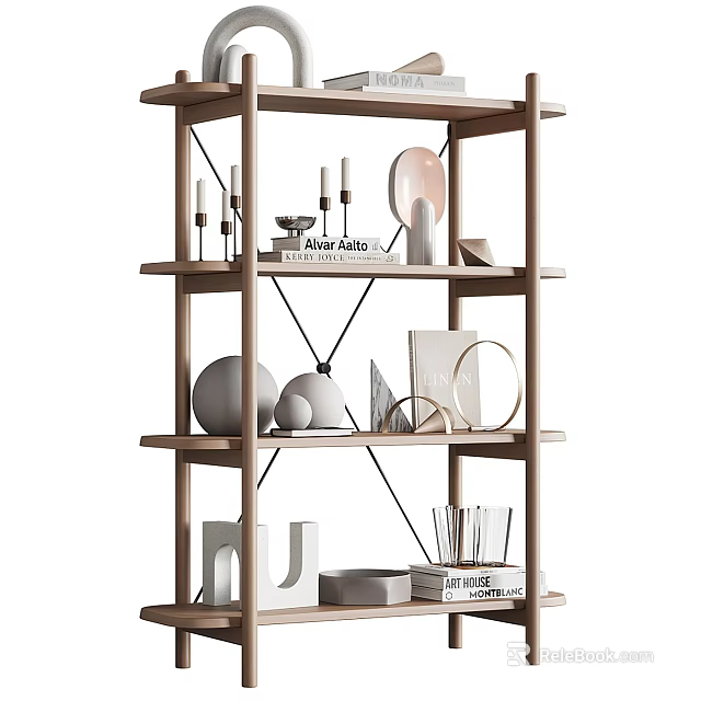 Modern Wooden Shelving Unit with Decorative Items Books and Geometric Decor 3d model 