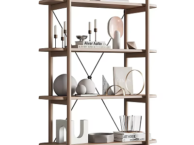Modern Wooden Shelving Unit with Decorative Items Books and Geometric Decor 3d model