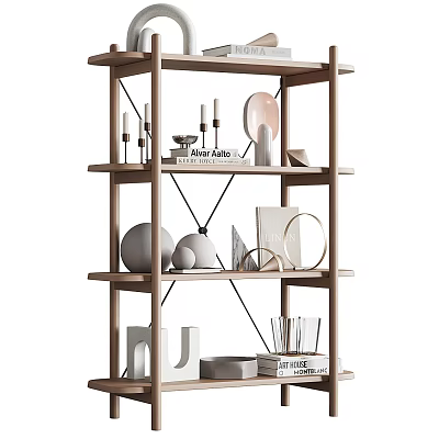 Modern Wooden Shelving Unit with Decorative Items Books and Geometric Decor 3d model