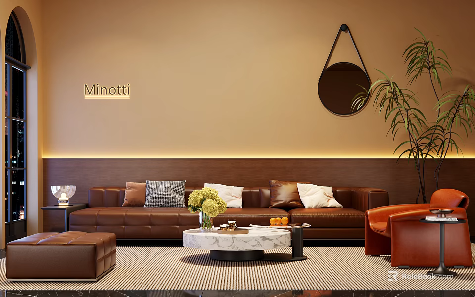 Minotti Brown Leather Sofa Coffee Table Set With Throw Pillows Ottoman Marble Top And Orange Chair 3d model 