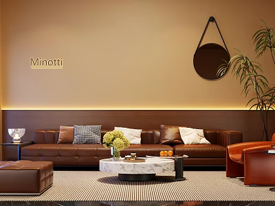 Minotti Brown Leather Sofa Coffee Table Set With Throw Pillows Ottoman Marble Top And Orange Chair 3d model