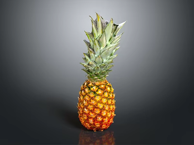 Fresh Ripe Pineapple With Yellow Shiny Skin And Green Leaves On Dark Background 3d model