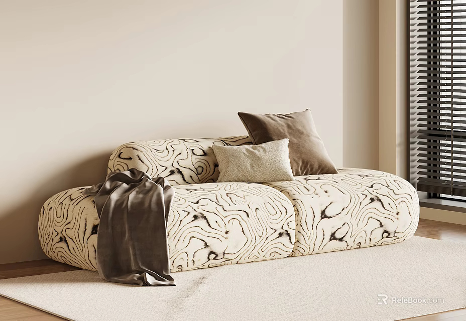 Multi-seater Sofa With Patterned Upholstery Decorative Pillows Soft Blanket And Light Colored Rug 3d model