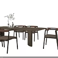 Modern Wooden Dining Table Set With Backrest Chairs And Decorative Vase 3d model