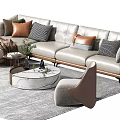 Modern Light Leather Sofa And Coffee Table Set Round Marble Table Multiple Pillows Gray Rug 3d model