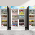 Three White Beverage Display Refrigerators Fully Stocked With Colorful Bottled Drinks 3d model