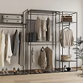 Black Metal Clothing Rack With Hanging Garments Bags Shoes And Suitcase In Modern Room