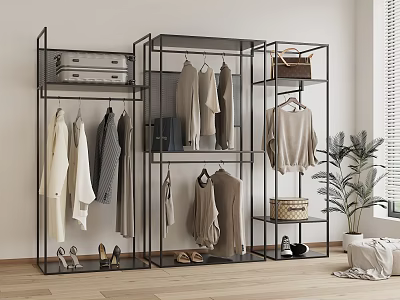 Black Metal Clothing Rack With Hanging Garments Bags Shoes And Suitcase In Modern Room 3d model