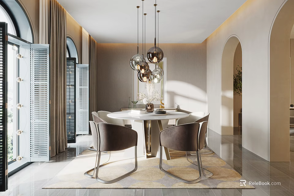 Modern Restaurant Interior Design With Round Dining Table Brown Chairs And Hanging Lights 3d model 