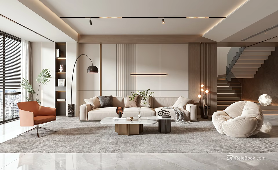 Modern Living Dining Room Interior With Open Layout Sofa Coffee Table And Decorative Lighting 3d model