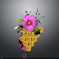 Pink Flower Plant With Green Leaves Bee And Hexagonal Honeycomb Design Structure