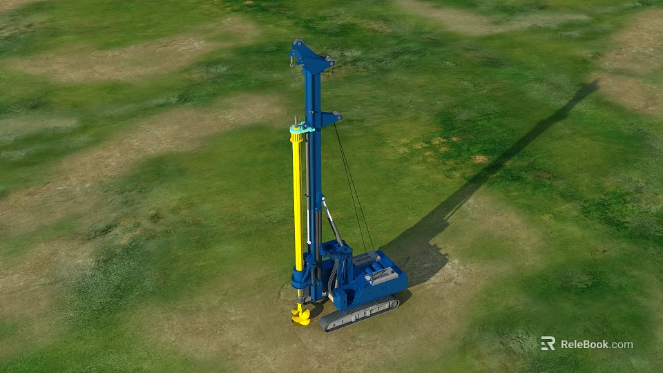 Heavy Duty Industrial Drill Rig With Blue Crawler Base And Yellow Mast On Green Site 3d model 