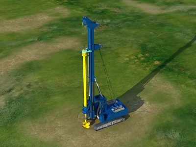 Heavy Duty Industrial Drill Rig With Blue Crawler Base And Yellow Mast On Green Site 3d model