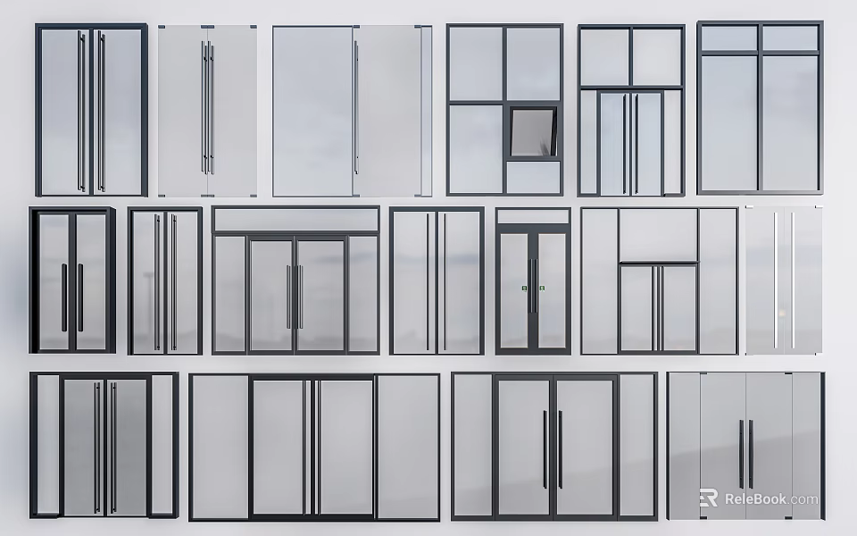 Various Modern Hinged Doors With Glass Panels And Sleek Black Frames 3d model