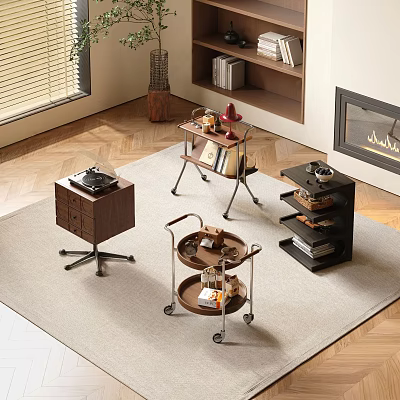 Modern Living Room Side Tables with Wheels Drawers Multi Tiered Wooden Metal Design 3d model