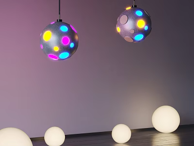 Spherical Pendant Lights with Colorful Dots Design in Purple Wall Interior and White Spherical Decorations 3d model
