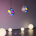 Spherical Pendant Lights with Colorful Dots Design in Purple Wall Interior and White Spherical Decorations