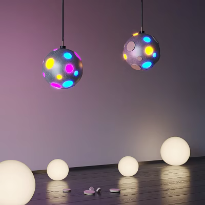 Spherical Pendant Lights with Colorful Dots Design in Purple Wall Interior and White Spherical Decorations 3d model