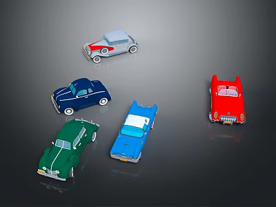 Vintage Assorted Colorful Toy Cars Collection Display On Dark Reflective Background 3d model
