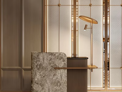 Modern Reception Desk Design With Marble Countertop Wooden Body And Brass Accents 3d model