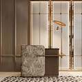Modern Reception Desk Design With Marble Countertop Wooden Body And Brass Accents