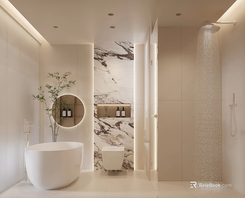 Modern Bathroom Interior Featuring Freestanding Bathtub Round Mirror Marble Wall And Shower Area 3d model 