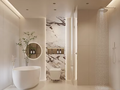 Modern Bathroom Interior Featuring Freestanding Bathtub Round Mirror Marble Wall And Shower Area 3d model