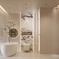Modern Bathroom Interior Featuring Freestanding Bathtub Round Mirror Marble Wall And Shower Area