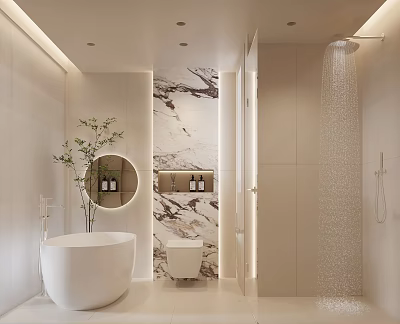 Modern Bathroom Interior Featuring Freestanding Bathtub Round Mirror Marble Wall And Shower Area 3d model